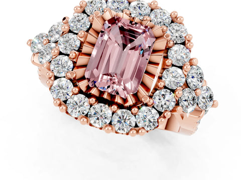 Rose gold Emerald Cut Morganite Halo Ring with Pavé Band and Four-Prong Setting_13