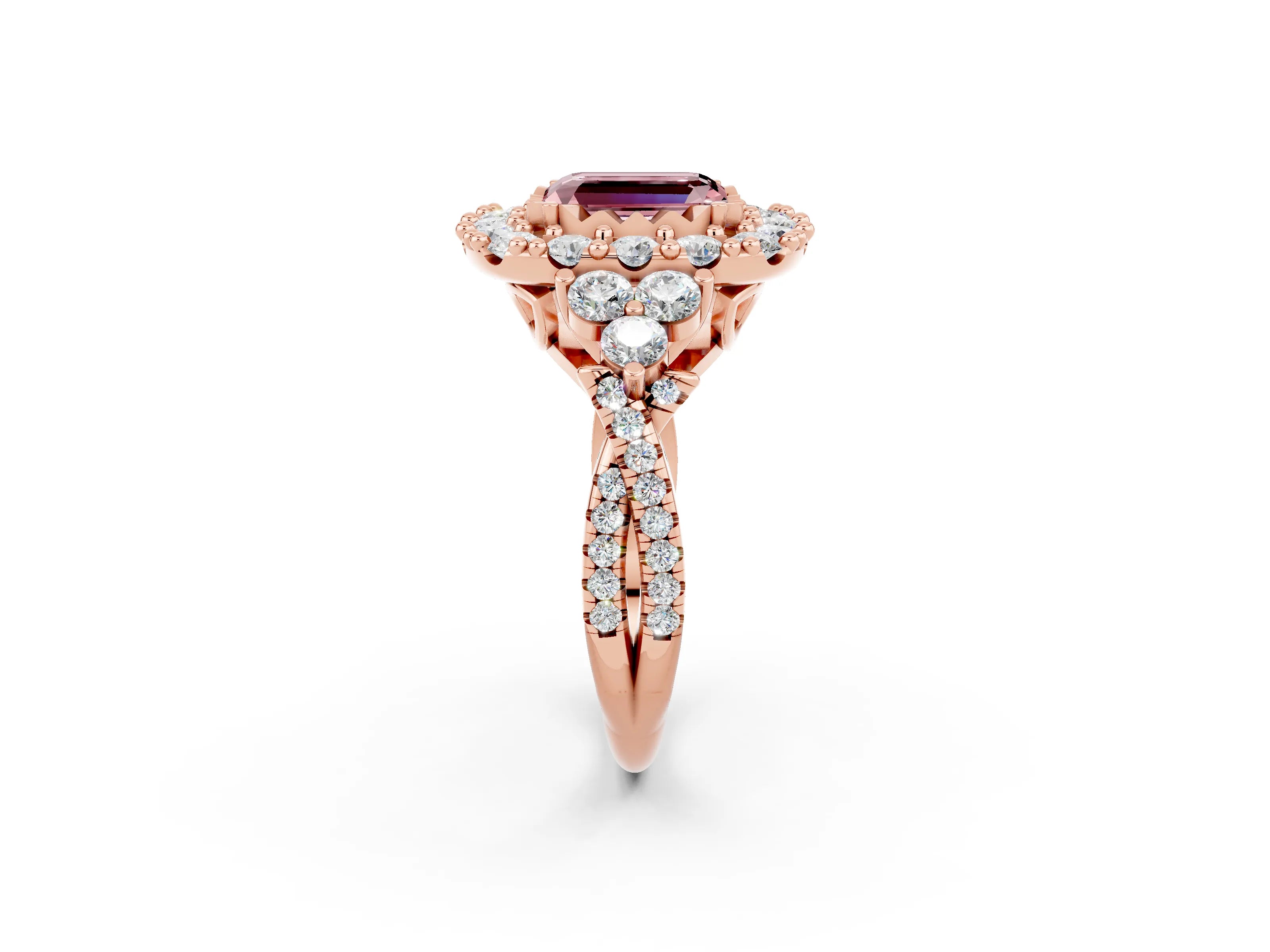 Rose gold Emerald Cut Morganite Halo Ring with Pavé Band and Four-Prong Setting_14