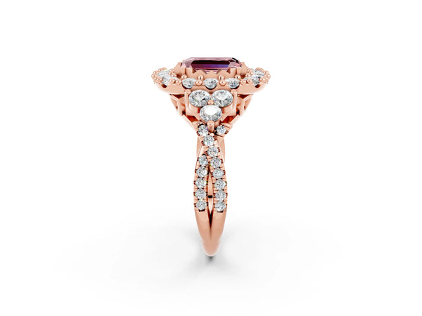 Rose gold Emerald Cut Morganite Halo Ring with Pavé Band and Four-Prong Setting