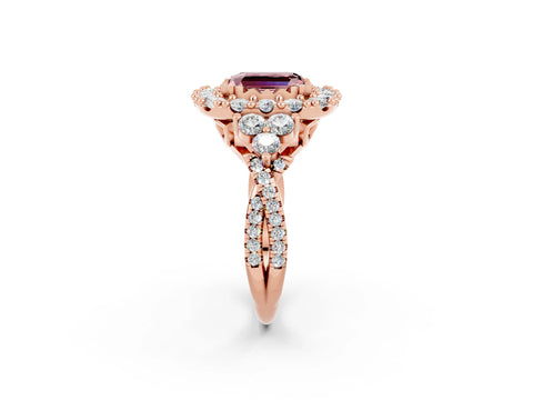 Rose gold Emerald Cut Morganite Halo Ring with Pavé Band and Four-Prong Setting_14