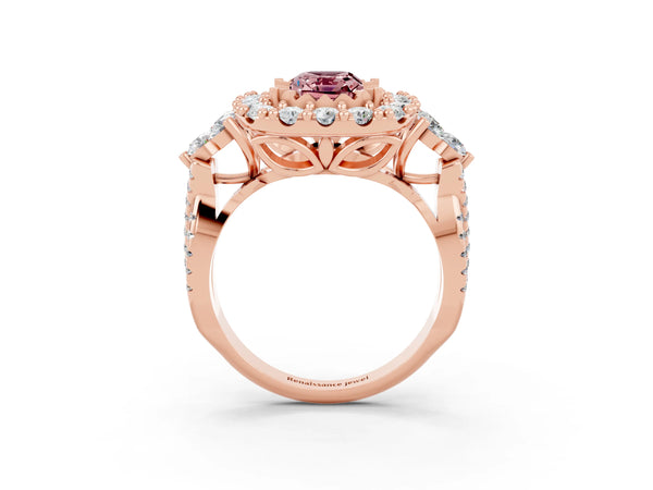 Rose gold Emerald Cut Morganite Halo Ring with Pavé Band and Four-Prong Setting
