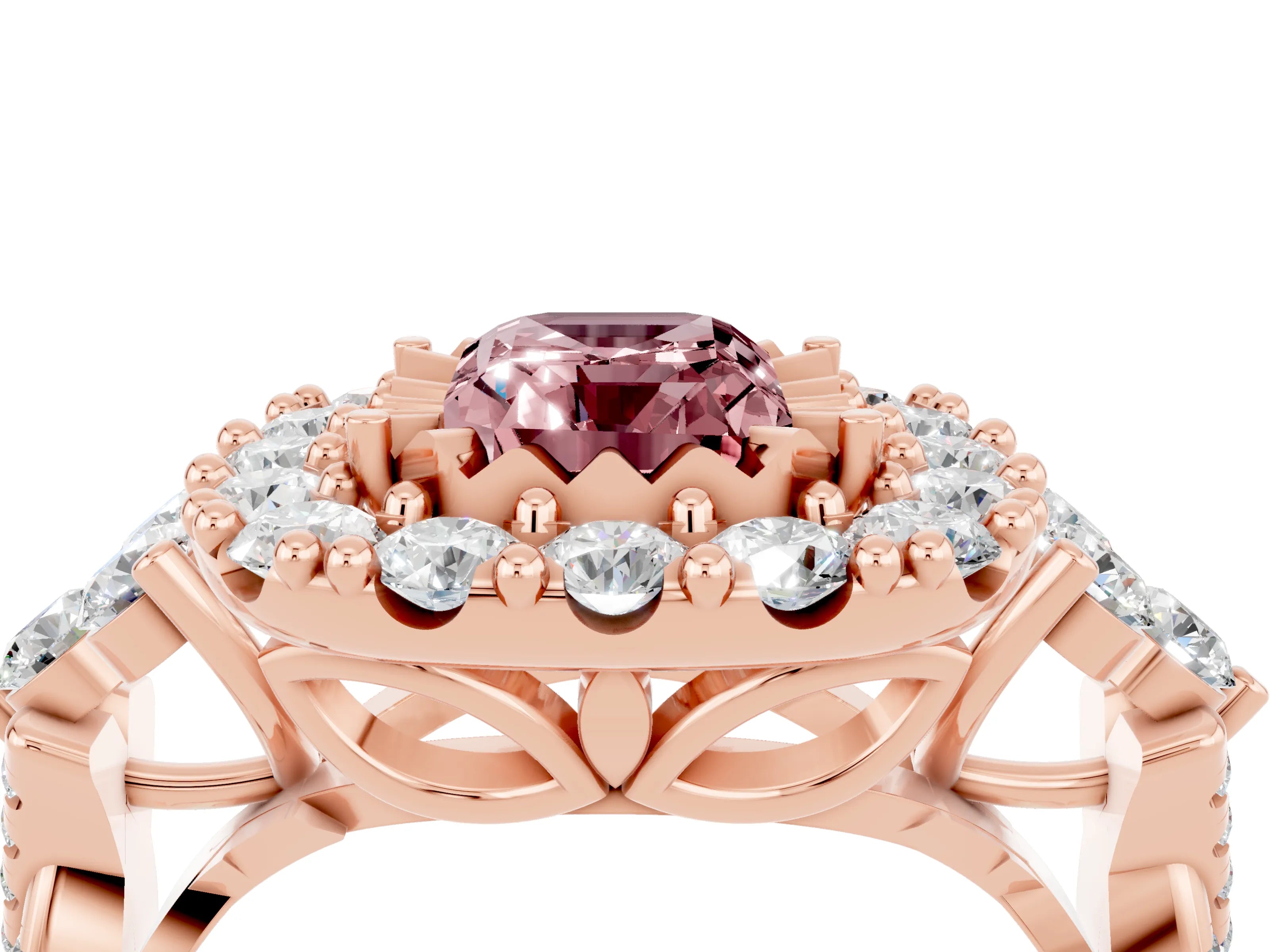 Rose gold Emerald Cut Morganite Halo Ring with Pavé Band and Four-Prong Setting_16