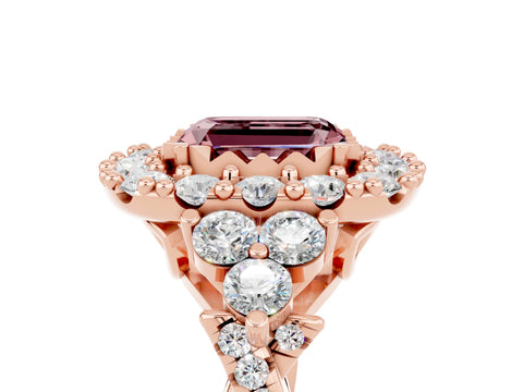 Rose gold Emerald Cut Morganite Halo Ring with Pavé Band and Four-Prong Setting_17