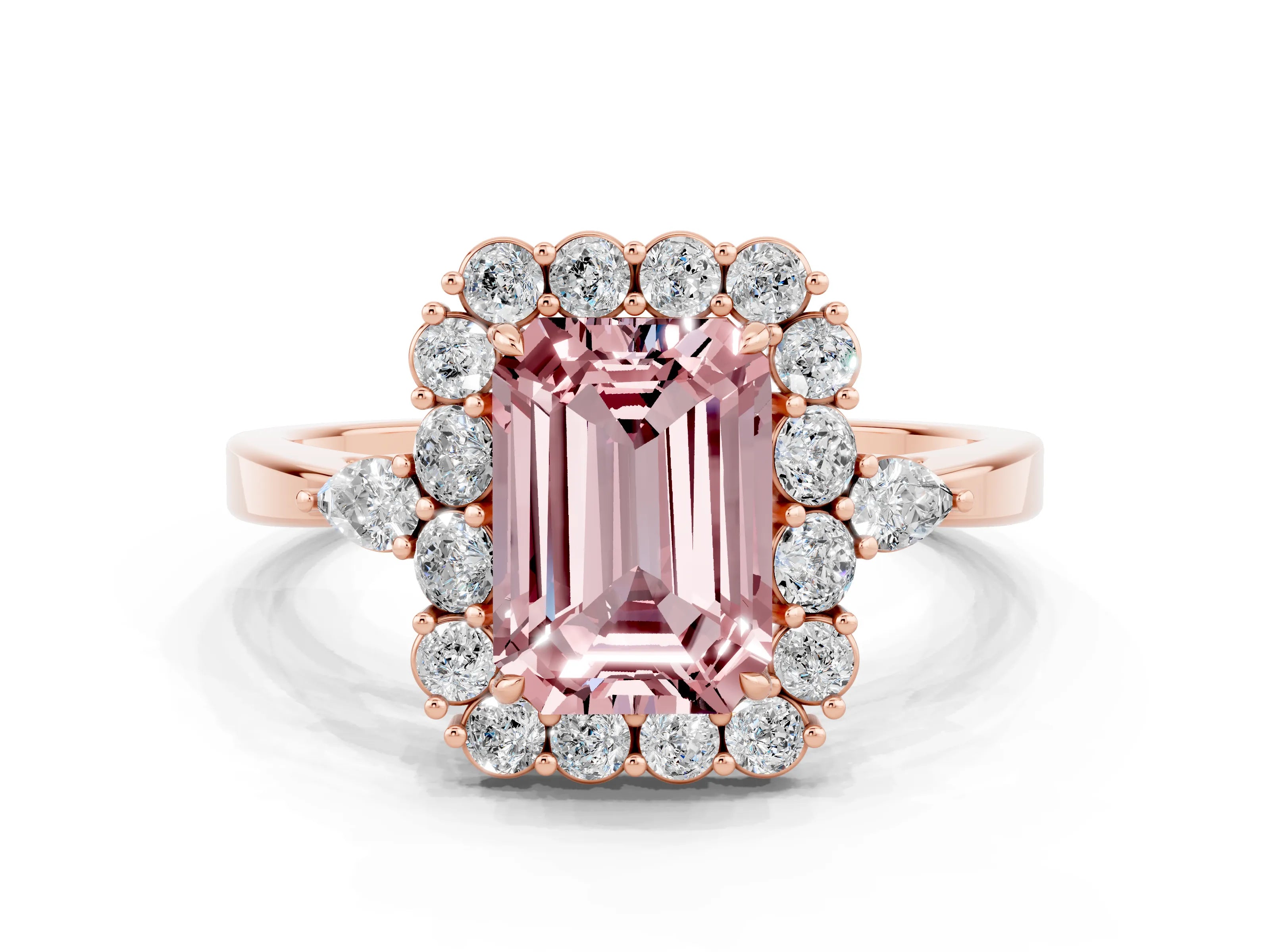 Rose gold Emerald Cut Morganite Halo Ring with Pear Side Stones and Prong Setting_12