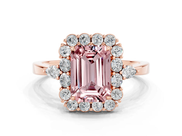 Rose gold Emerald Cut Morganite Halo Ring with Pear Side Stones and Prong Setting