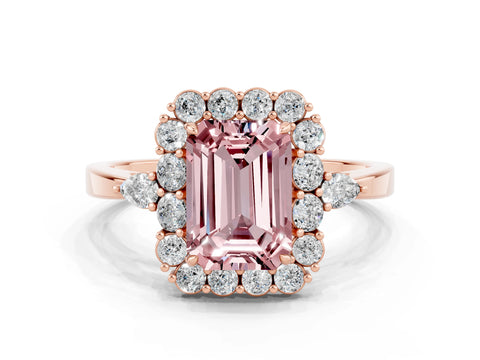 Rose gold Emerald Cut Morganite Halo Ring with Pear Side Stones and Prong Setting_12