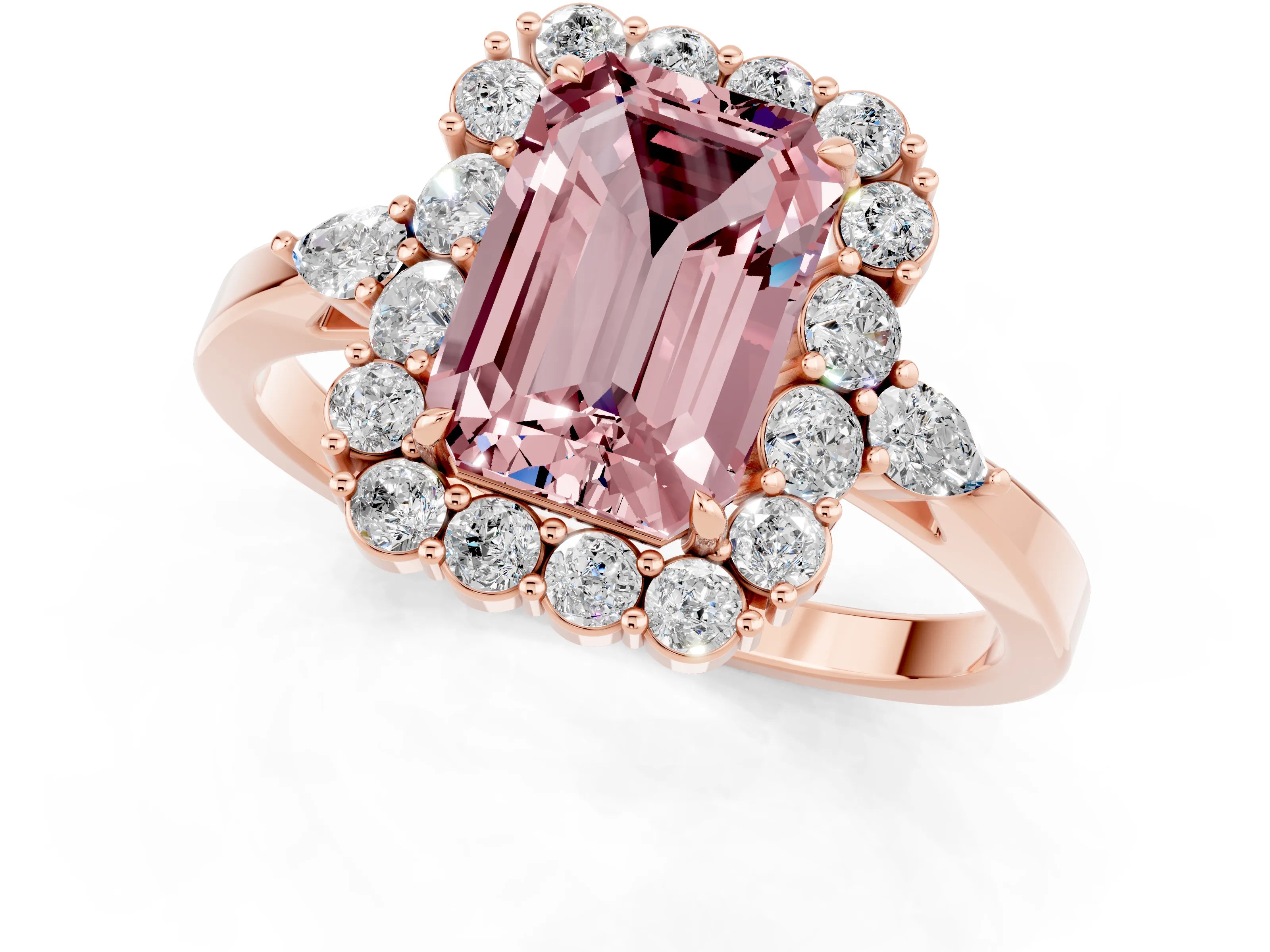 Rose gold Emerald Cut Morganite Halo Ring with Pear Side Stones and Prong Setting_13