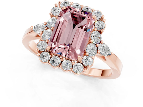 Rose gold Emerald Cut Morganite Halo Ring with Pear Side Stones and Prong Setting