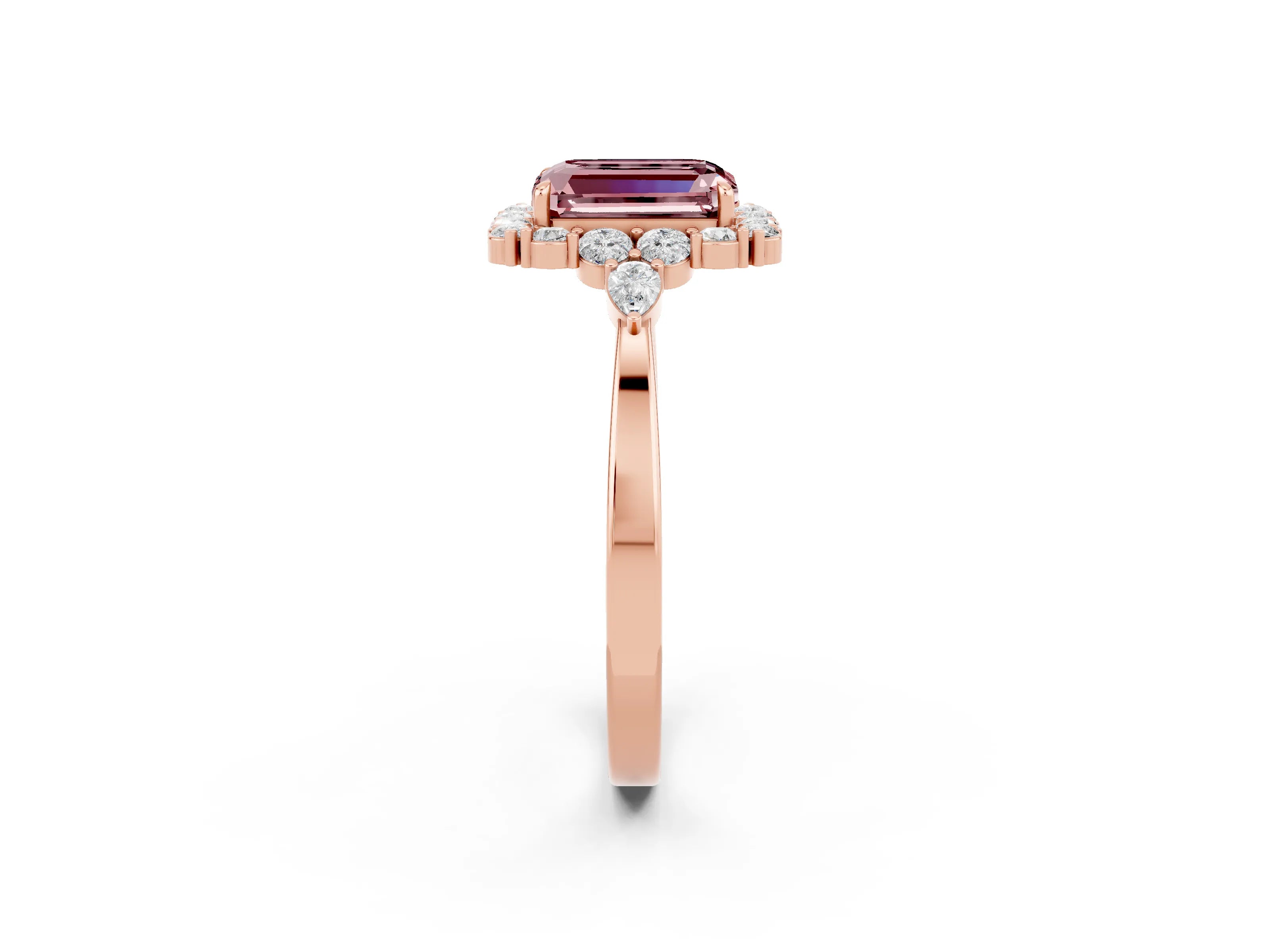 Rose gold Emerald Cut Morganite Halo Ring with Pear Side Stones and Prong Setting_14