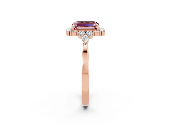 Rose gold Emerald Cut Morganite Halo Ring with Pear Side Stones and Prong Setting
