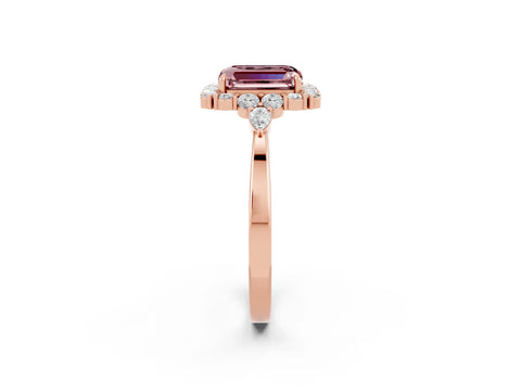 Rose gold Emerald Cut Morganite Halo Ring with Pear Side Stones and Prong Setting_14