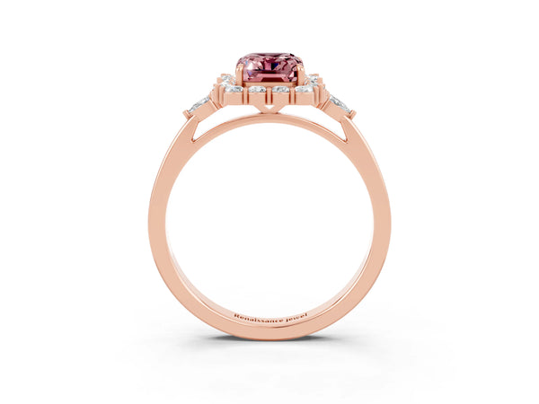 Rose gold Emerald Cut Morganite Halo Ring with Pear Side Stones and Prong Setting