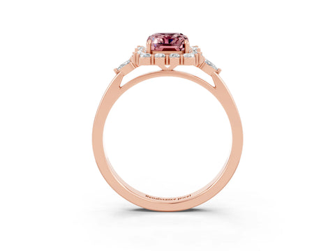 Rose gold Emerald Cut Morganite Halo Ring with Pear Side Stones and Prong Setting_15