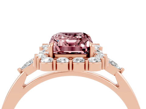 Rose gold Emerald Cut Morganite Halo Ring with Pear Side Stones and Prong Setting_16