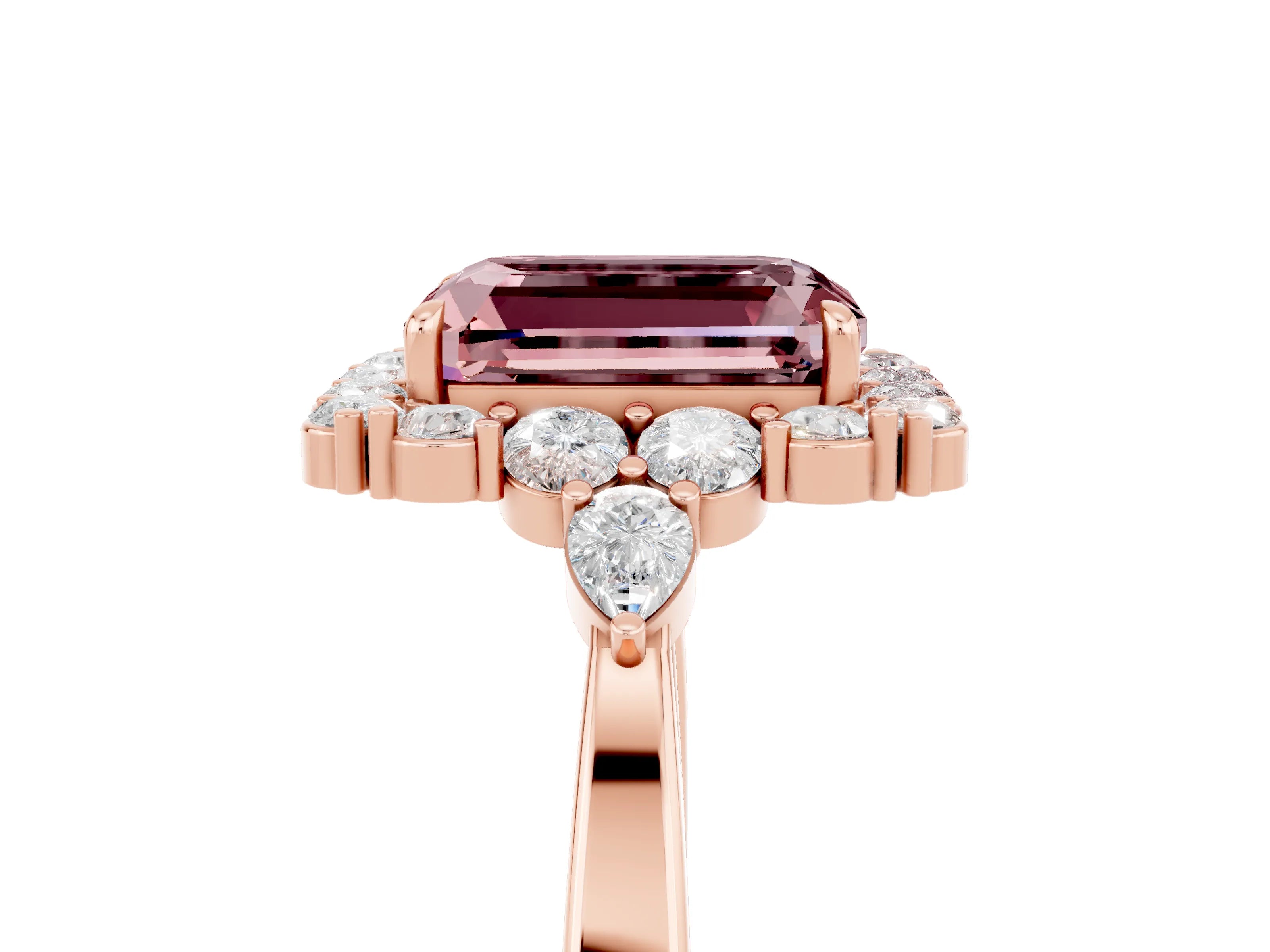 Rose gold Emerald Cut Morganite Halo Ring with Pear Side Stones and Prong Setting_17