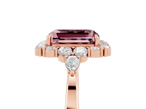 Rose gold Emerald Cut Morganite Halo Ring with Pear Side Stones and Prong Setting_17