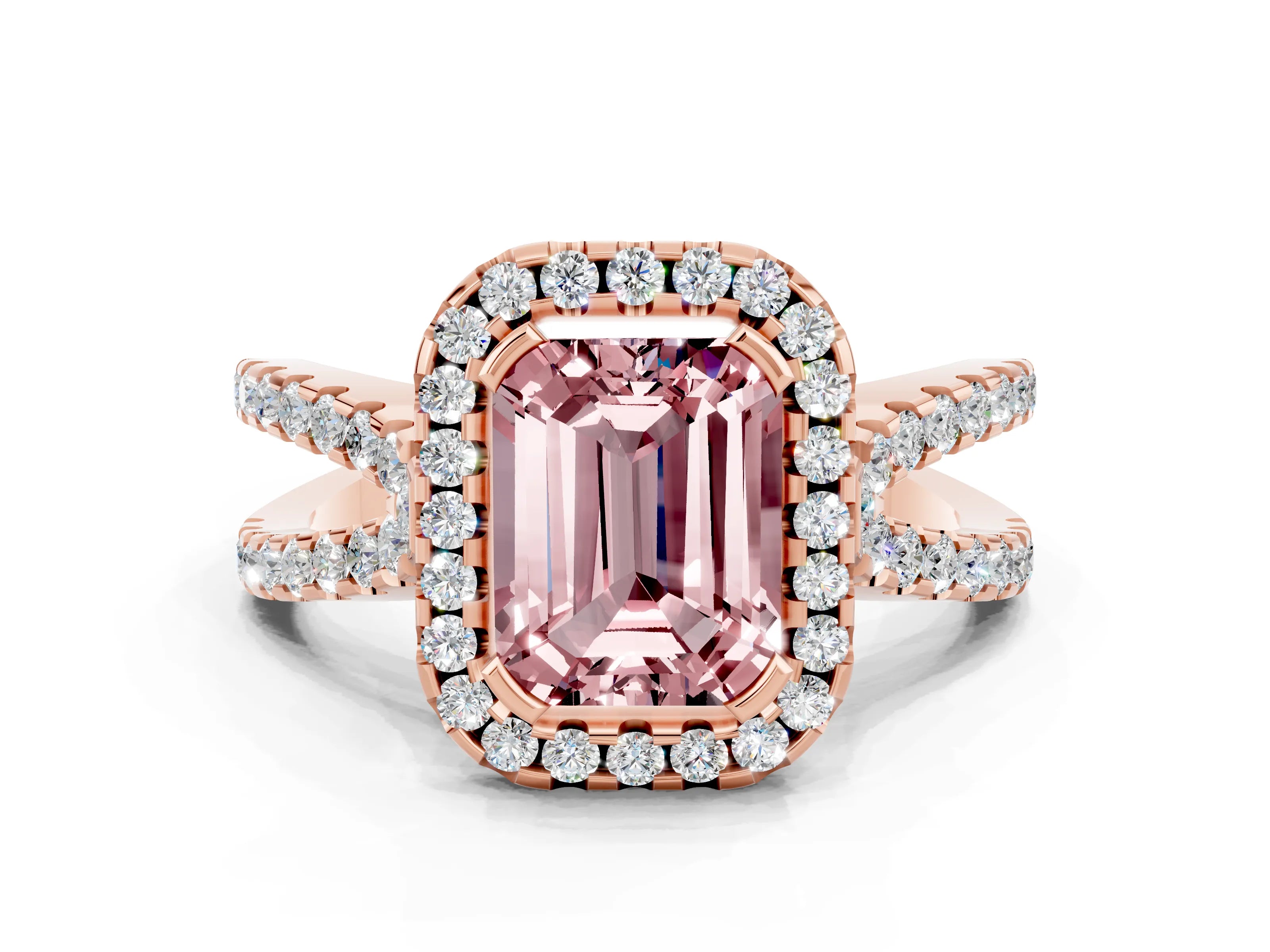 Rose gold Emerald Cut Morganite Halo Ring with Split Shank Pavé Band and Prong Setting
