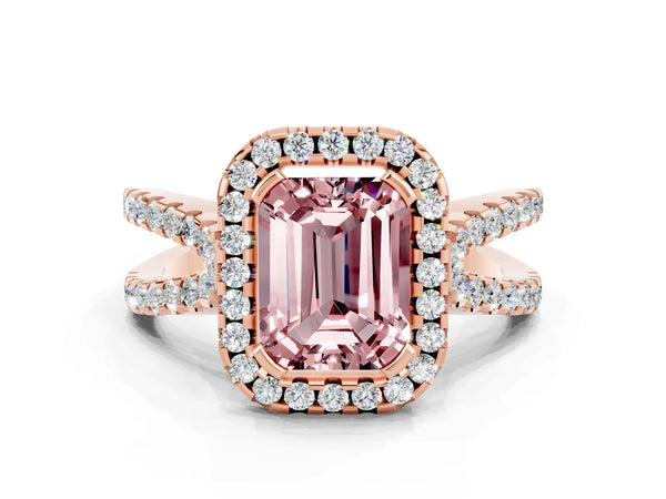 Rose gold Emerald Cut Morganite Halo Ring with Split Shank Pavé Band and Prong Setting