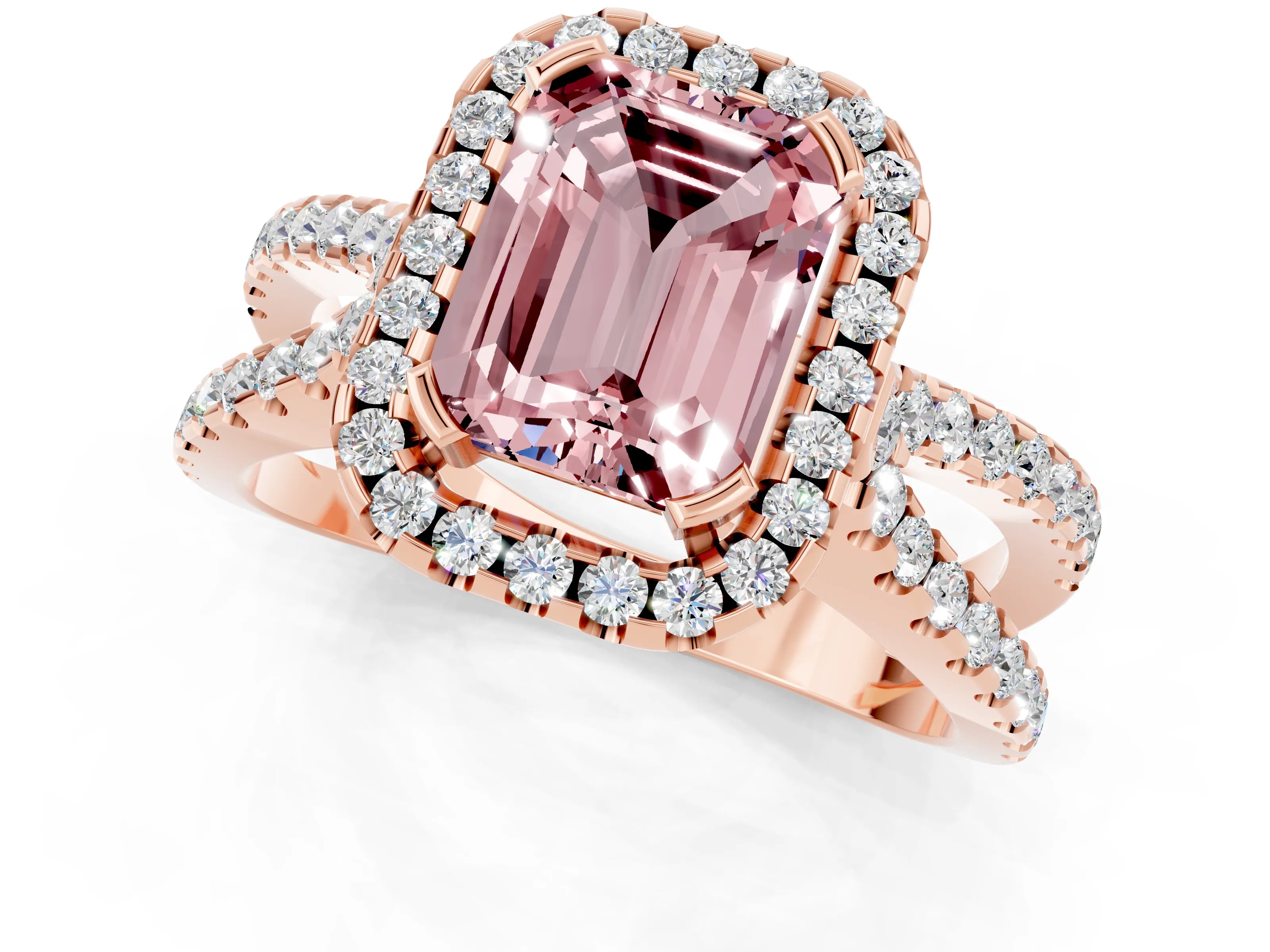 Rose gold Emerald Cut Morganite Halo Ring with Split Shank Pavé Band and Prong Setting_1