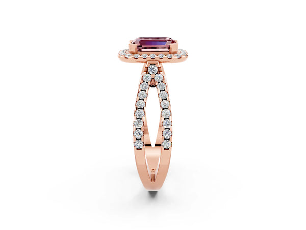 Rose gold Emerald Cut Morganite Halo Ring with Split Shank Pavé Band and Prong Setting