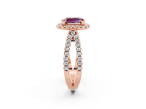Rose gold Emerald Cut Morganite Halo Ring with Split Shank Pavé Band and Prong Setting_2