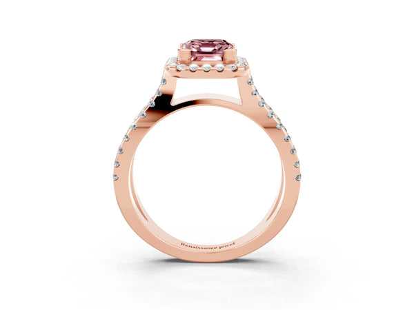 Rose gold Emerald Cut Morganite Halo Ring with Split Shank Pavé Band and Prong Setting