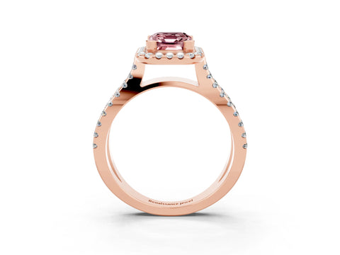 Rose gold Emerald Cut Morganite Halo Ring with Split Shank Pavé Band and Prong Setting_3