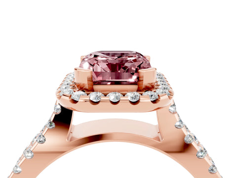 Rose gold Emerald Cut Morganite Halo Ring with Split Shank Pavé Band and Prong Setting_4