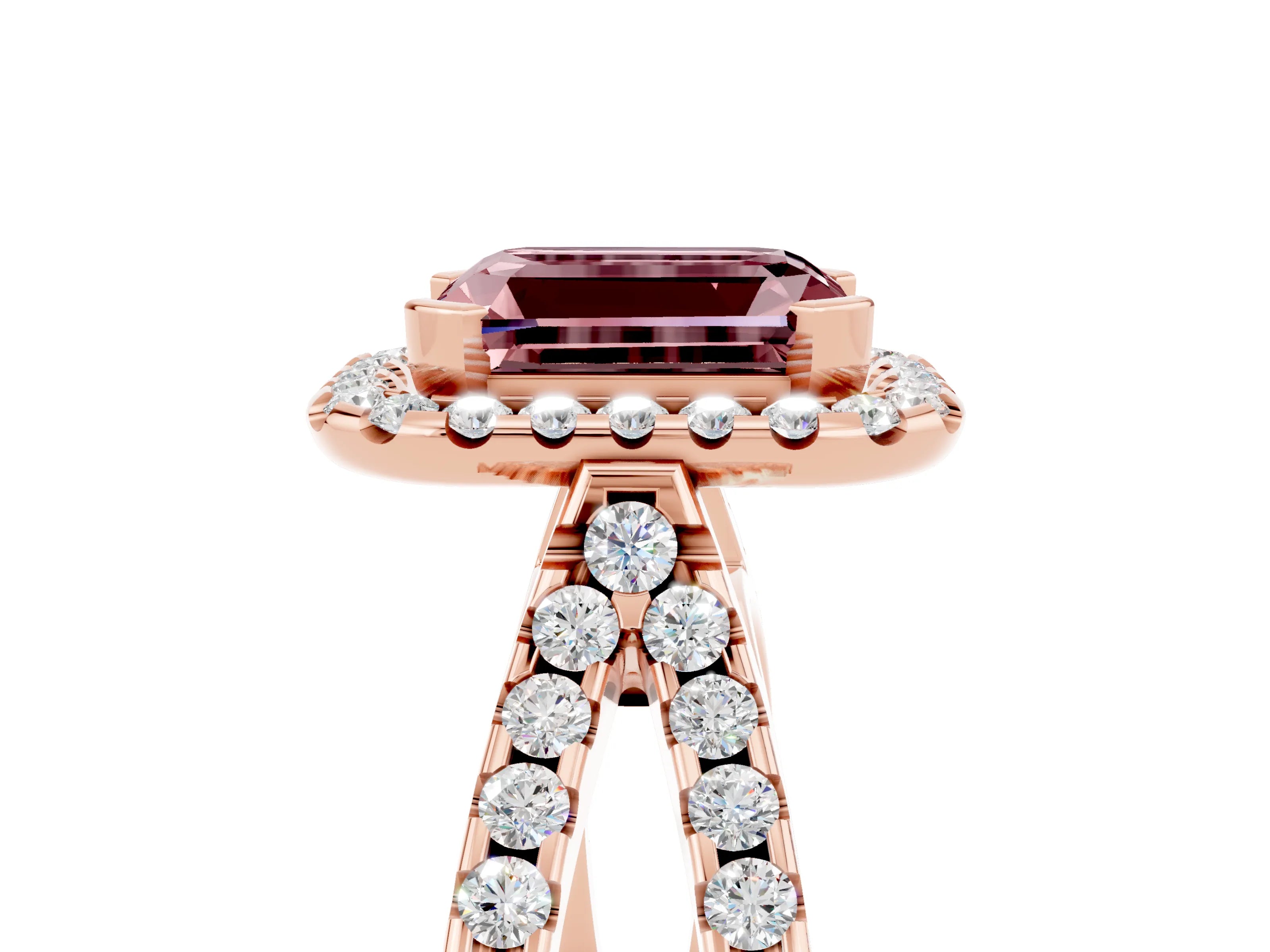 Rose gold Emerald Cut Morganite Halo Ring with Split Shank Pavé Band and Prong Setting_5