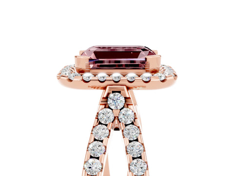 Rose gold Emerald Cut Morganite Halo Ring with Split Shank Pavé Band and Prong Setting_5