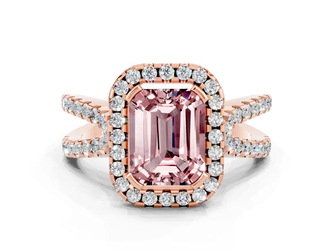Rose gold Emerald Cut Morganite Halo Ring with Split Shank Pavé Band and Prong Setting