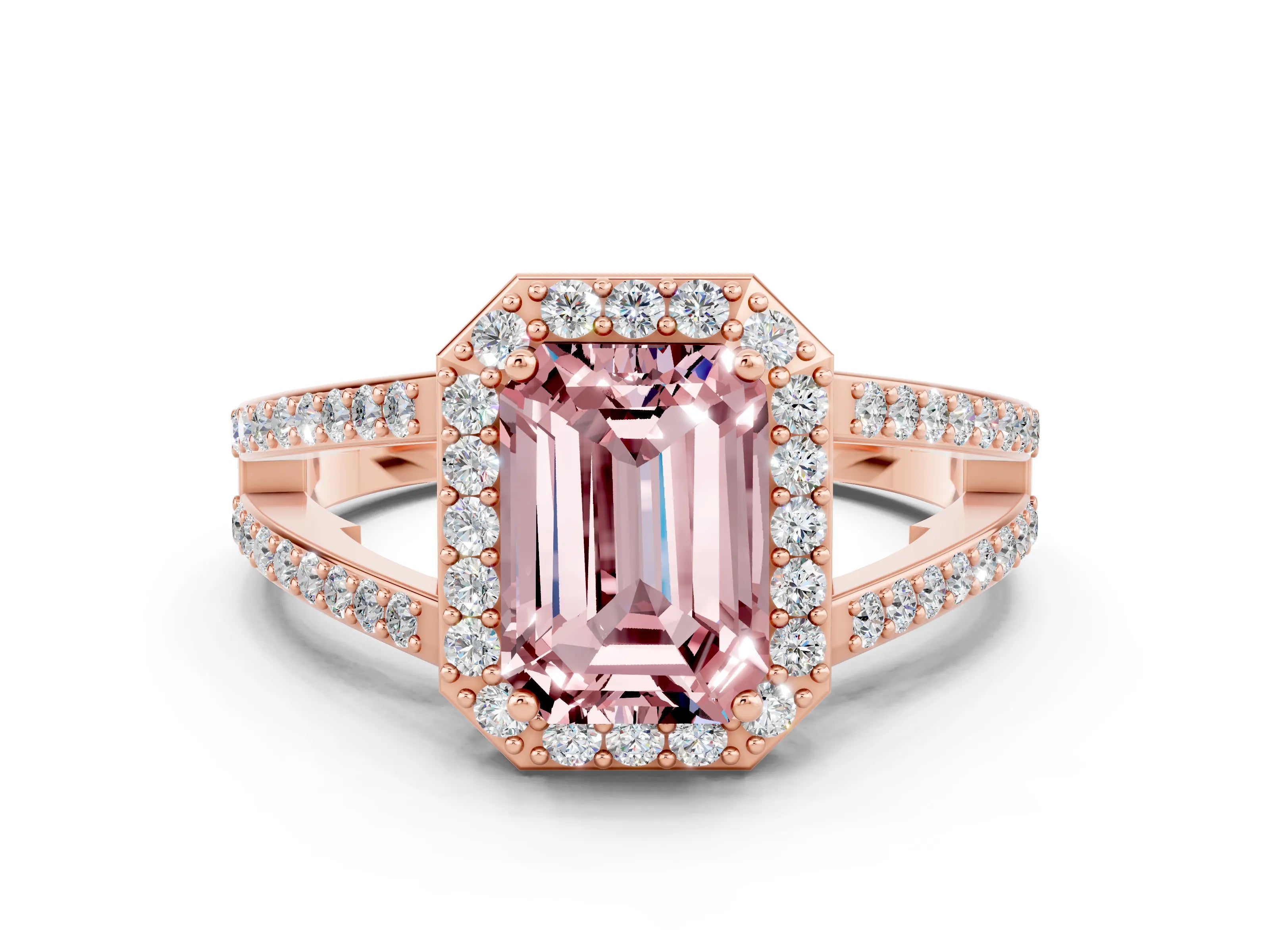 Rose gold Emerald Cut Morganite Halo Ring with Split Shank U-Prong Band and Four-Prong Setting
