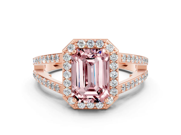Rose gold Emerald Cut Morganite Halo Ring with Split Shank U-Prong Band and Four-Prong Setting