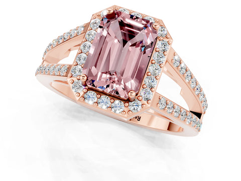 Rose gold Emerald Cut Morganite Halo Ring with Split Shank U-Prong Band and Four-Prong Setting_1