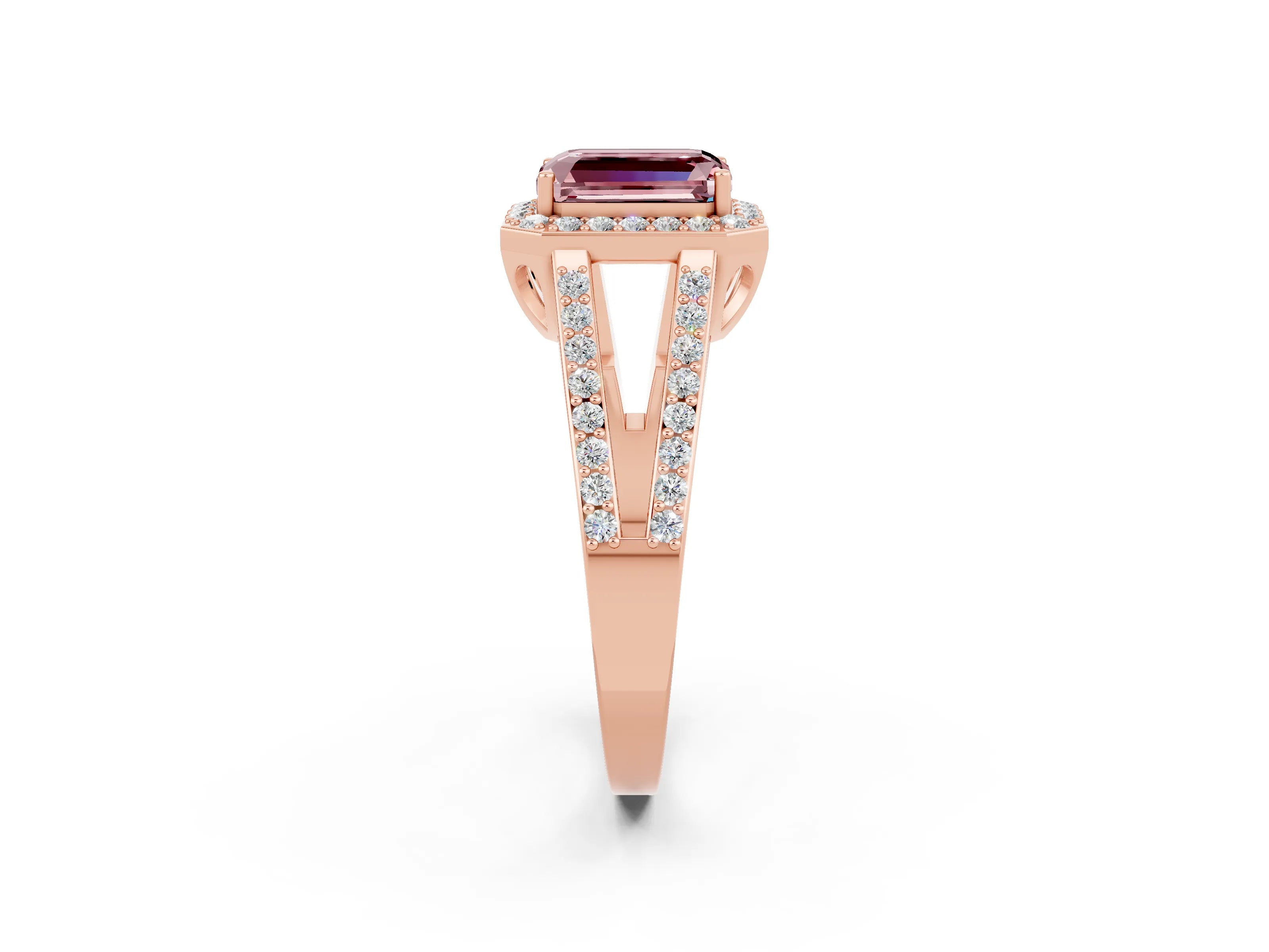 Rose gold Emerald Cut Morganite Halo Ring with Split Shank U-Prong Band and Four-Prong Setting_2
