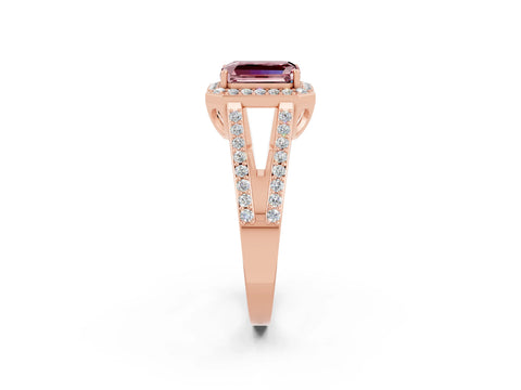 Rose gold Emerald Cut Morganite Halo Ring with Split Shank U-Prong Band and Four-Prong Setting_2