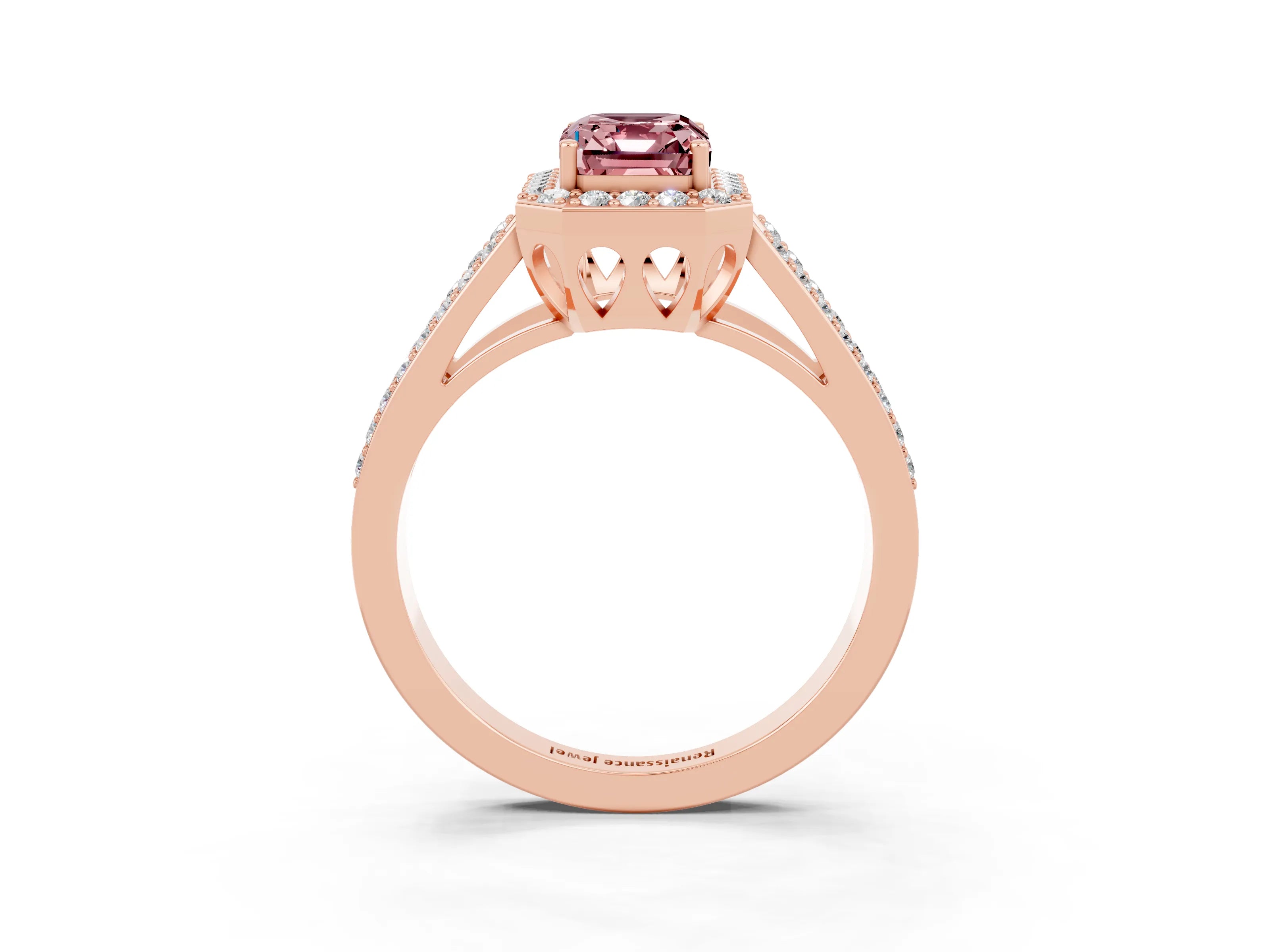 Rose gold Emerald Cut Morganite Halo Ring with Split Shank U-Prong Band and Four-Prong Setting_3