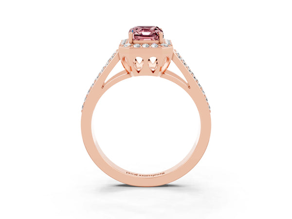 Rose gold Emerald Cut Morganite Halo Ring with Split Shank U-Prong Band and Four-Prong Setting