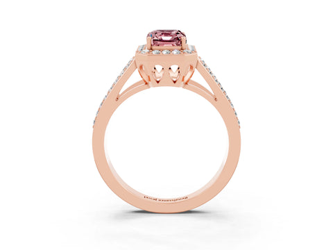 Rose gold Emerald Cut Morganite Halo Ring with Split Shank U-Prong Band and Four-Prong Setting_3