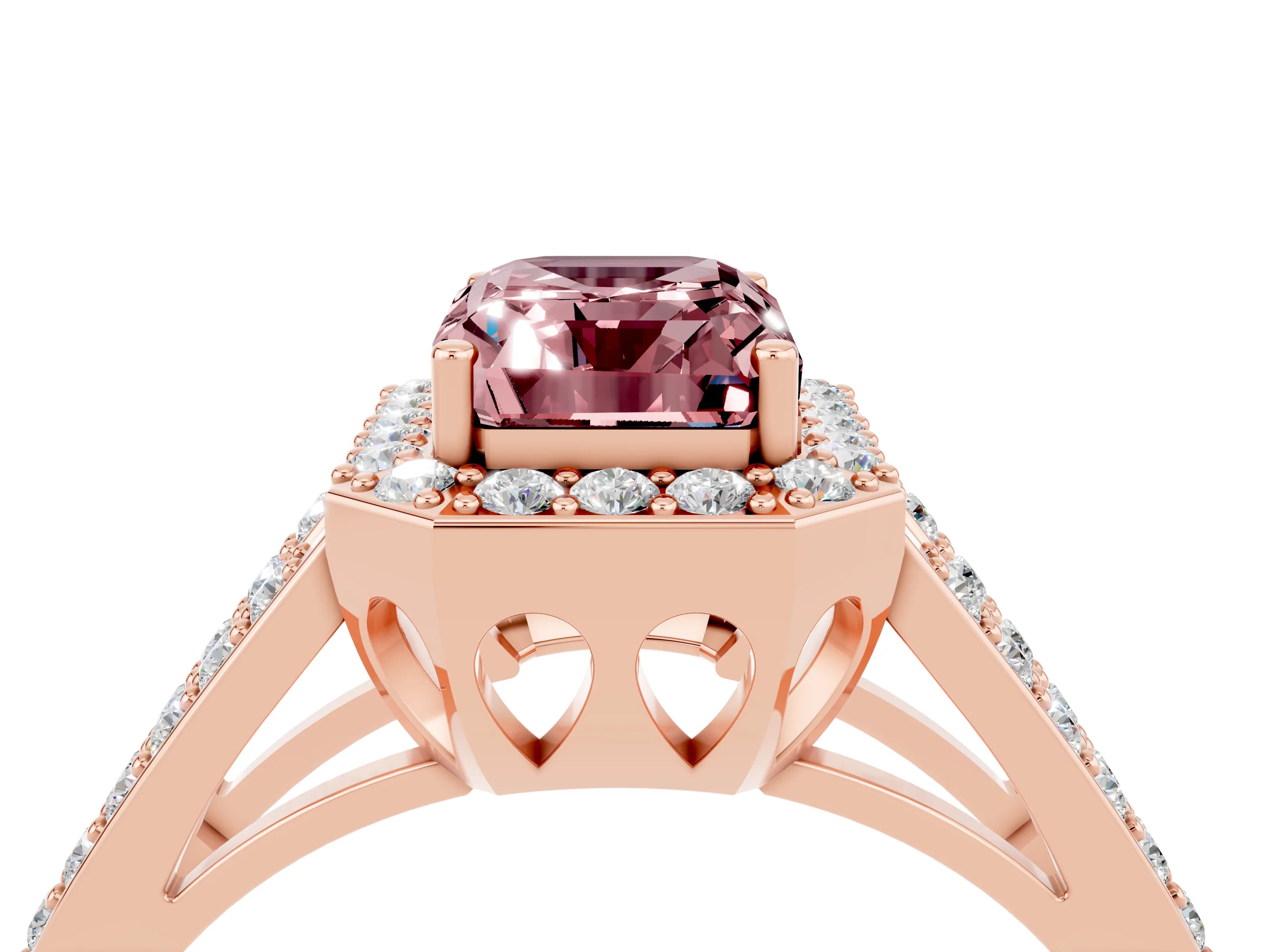 Rose gold Emerald Cut Morganite Halo Ring with Split Shank U-Prong Band and Four-Prong Setting_4