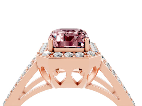 Rose gold Emerald Cut Morganite Halo Ring with Split Shank U-Prong Band and Four-Prong Setting_4