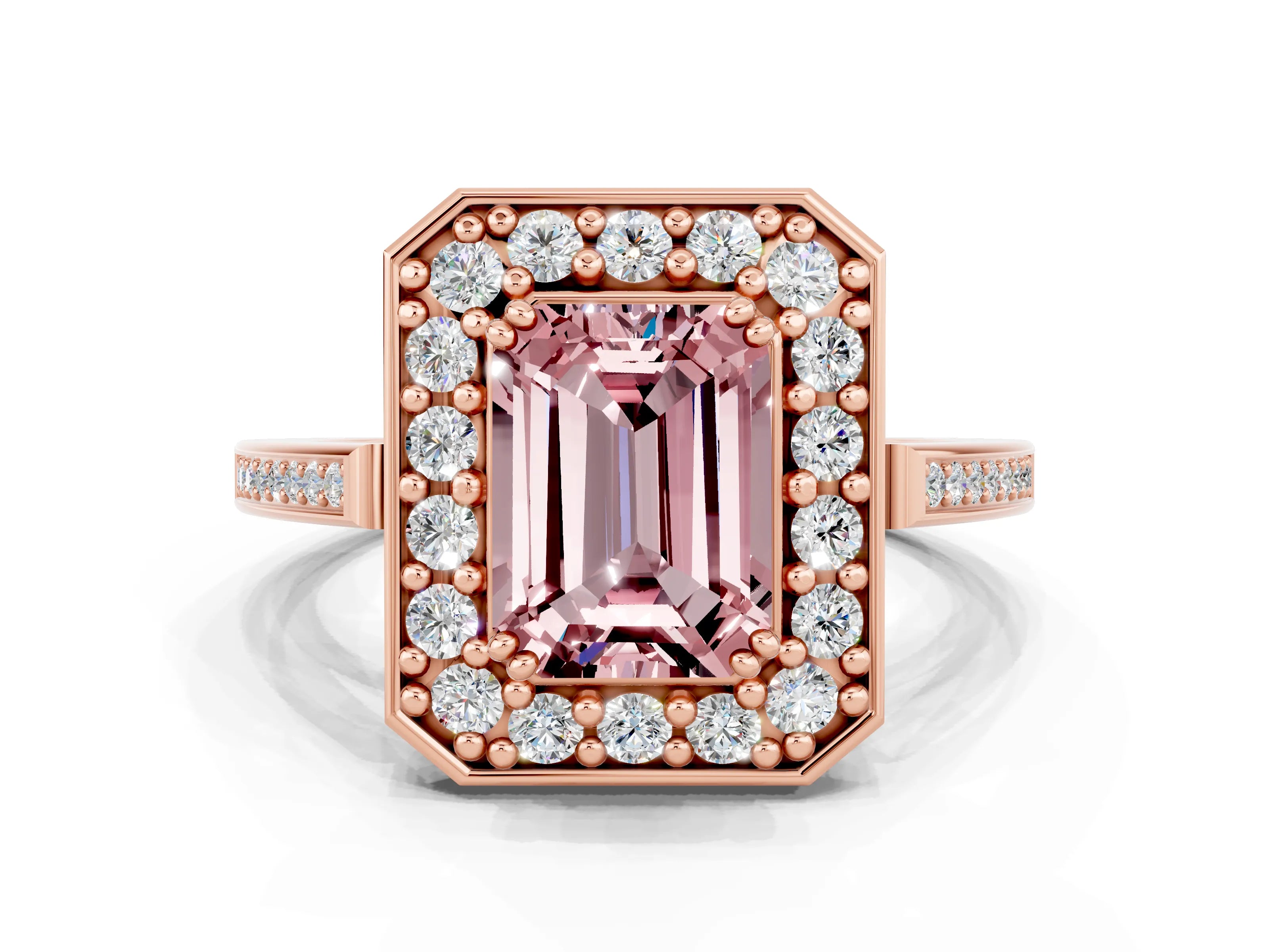 Rose gold Emerald Cut Morganite Halo Ring with Split Shank and Four-Prong Setting