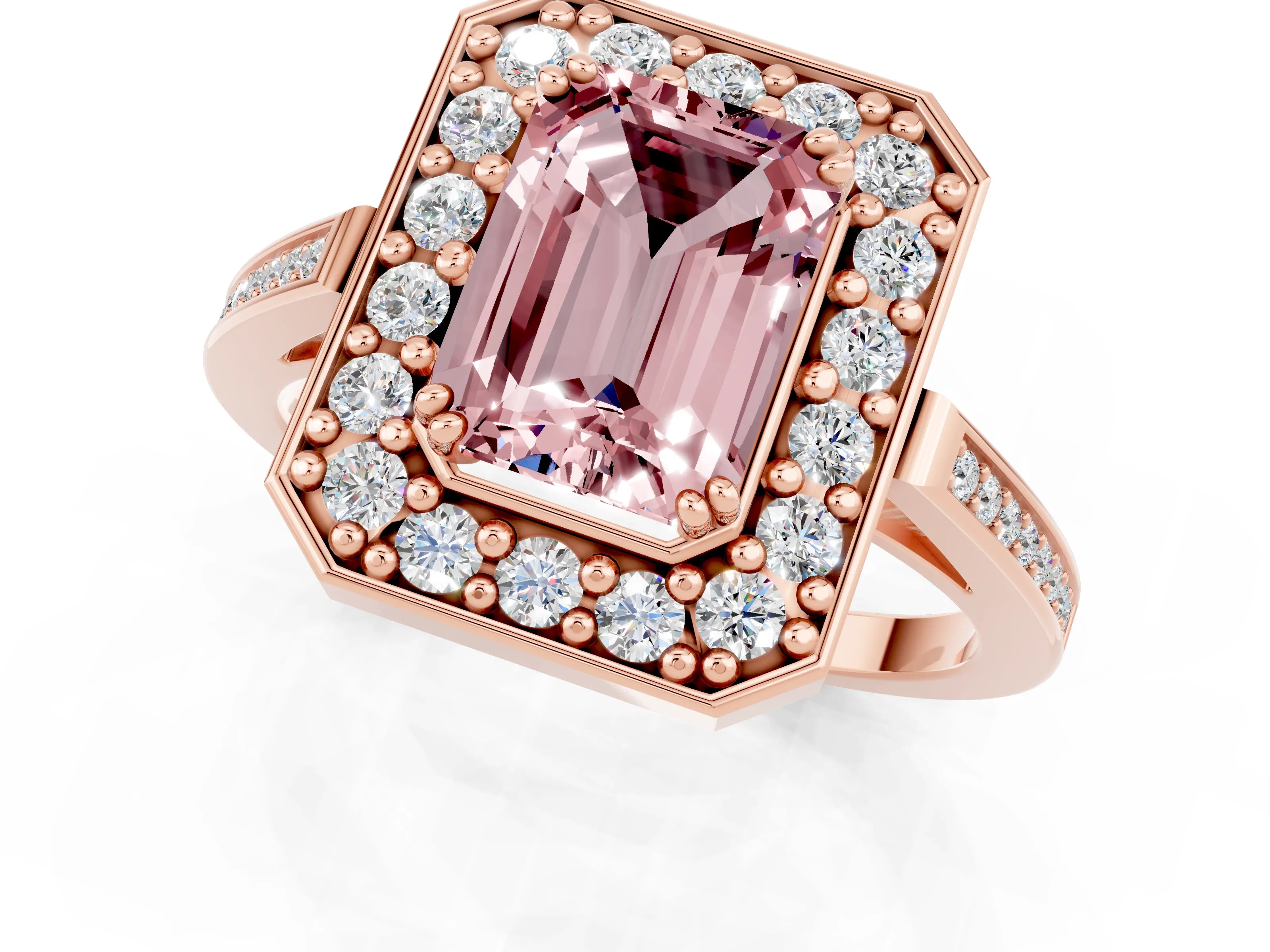 Rose gold Emerald Cut Morganite Halo Ring with Split Shank and Four-Prong Setting_1