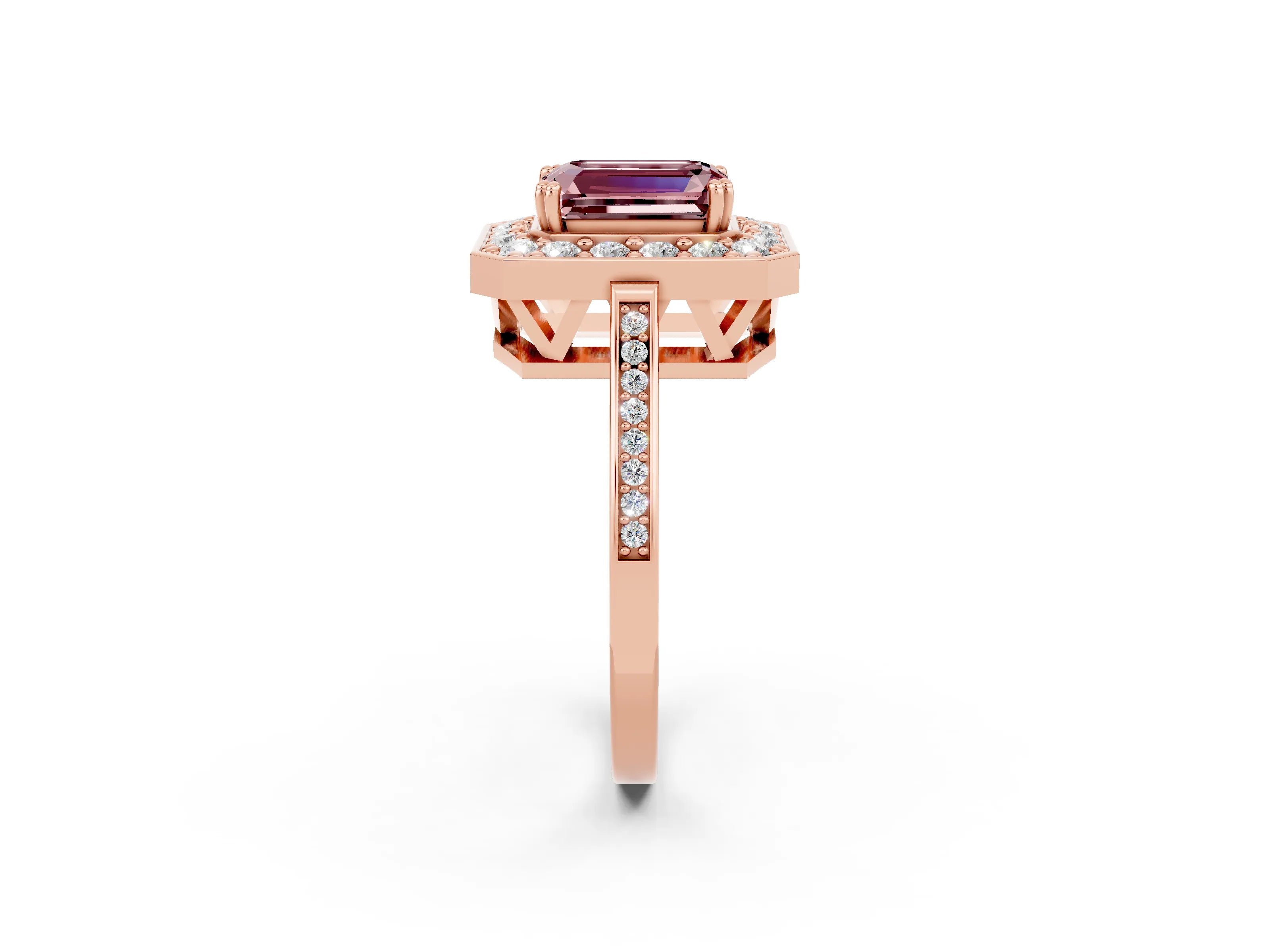 Rose gold Emerald Cut Morganite Halo Ring with Split Shank and Four-Prong Setting_2