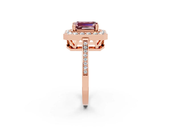 Rose gold Emerald Cut Morganite Halo Ring with Split Shank and Four-Prong Setting