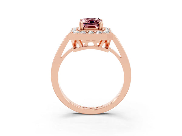 Rose gold Emerald Cut Morganite Halo Ring with Split Shank and Four-Prong Setting