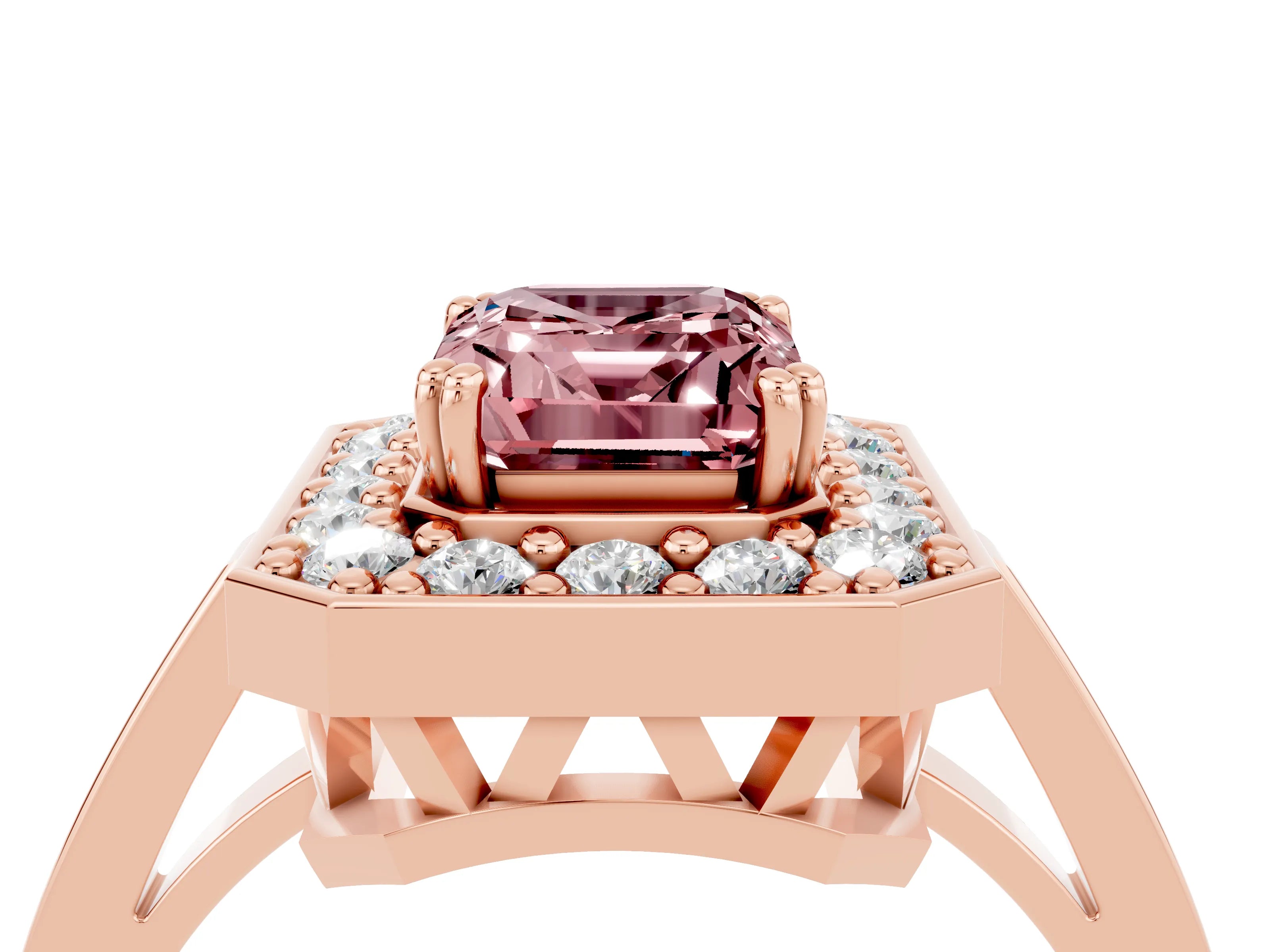 Rose gold Emerald Cut Morganite Halo Ring with Split Shank and Four-Prong Setting_4