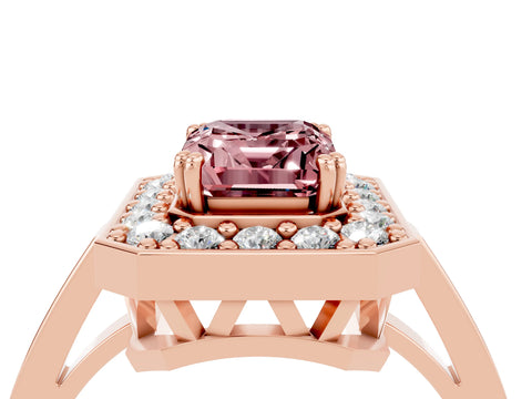 Rose gold Emerald Cut Morganite Halo Ring with Split Shank and Four-Prong Setting_4