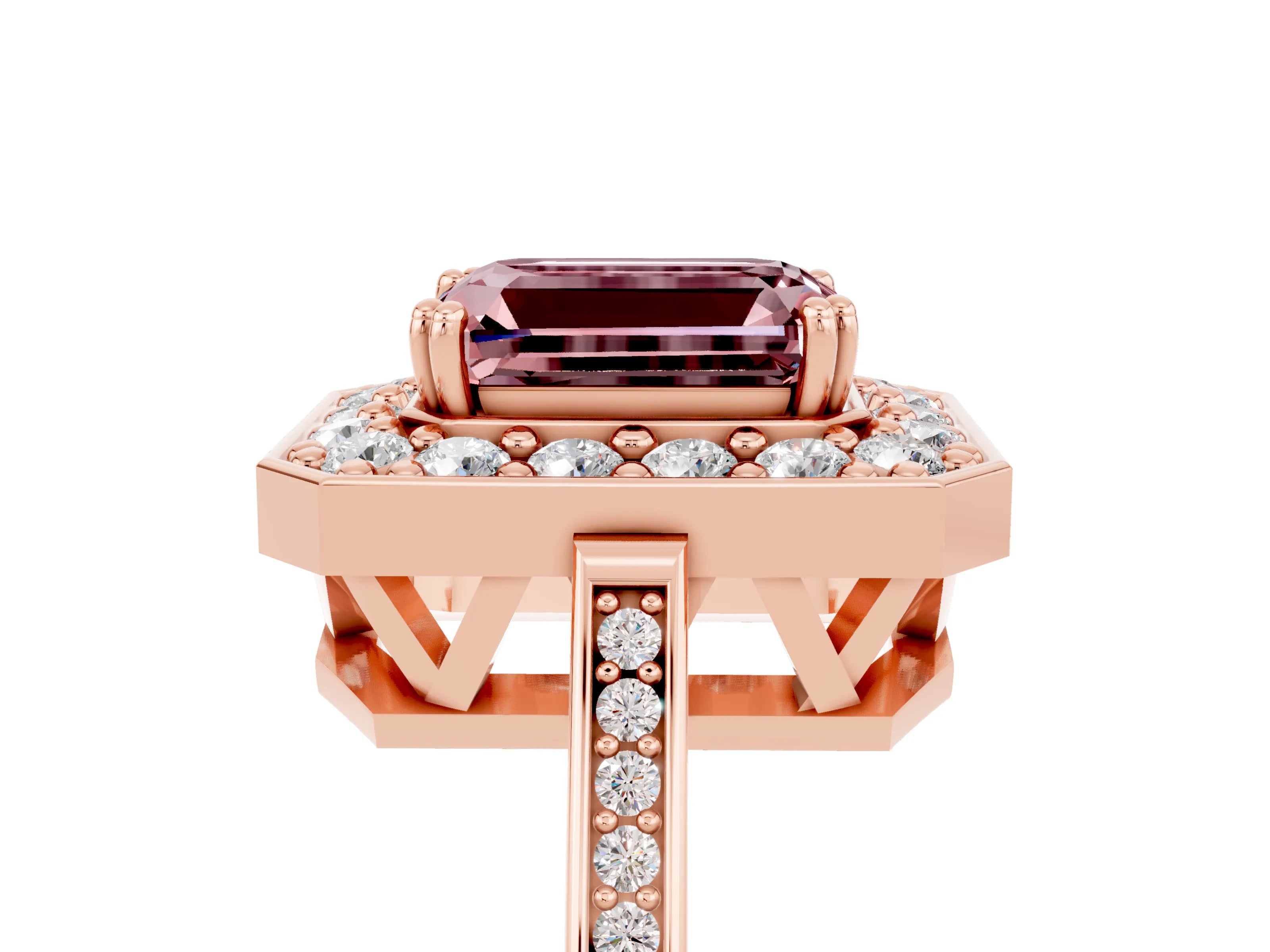 Rose gold Emerald Cut Morganite Halo Ring with Split Shank and Four-Prong Setting_5