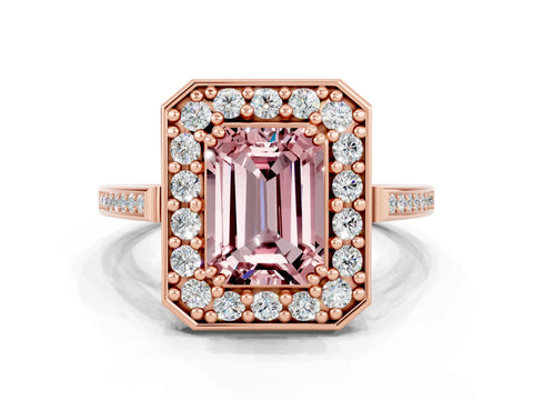 Rose gold Emerald Cut Morganite Halo Ring with Split Shank and Four-Prong Setting